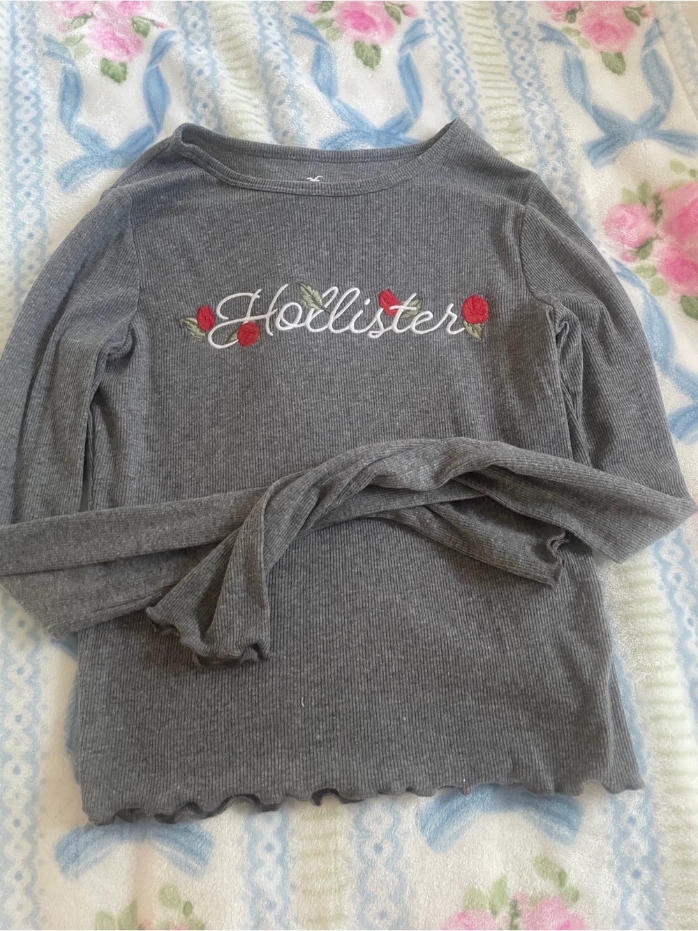 Hollister Gray Ribbed Long-Sleeve Top with Red Rose Embroidery